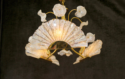 Vintage, Italy 21" x 17" Murano Iridescent, 3 light, Fan Shaped Art Glass, Floral Chandelier