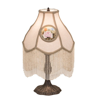 Meyda Lighting 18092 20"H Reverse Painted Roses Fabric with Fringe Table Lamp