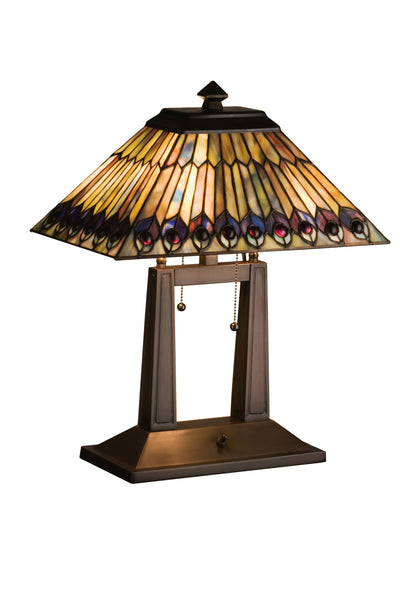 Meyda Lighting 26300 20"H Tiffany Jeweled Peacock Oblong Desk Lamp