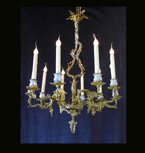 25" x 33" French, 10 Light Vintage Brass Chandelier, Louis XV Rococo Style, Scrolling Floral Leaves, Blue Porcelain Accents