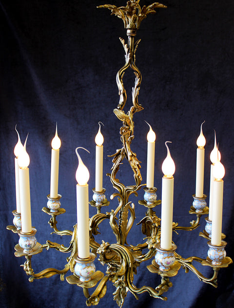 25" x 33" French, 10 Light Vintage Brass Chandelier, Louis XV Rococo Style, Scrolling Floral Leaves, Blue Porcelain Accents