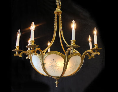 25" x 26" Vintage, Italy, 16 Light, 50's Empire Regency Style Brass Dome Chandelier, Frosted Etched Glass Panels