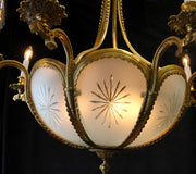 25" x 26" Vintage, Italy, 16 Light, 50's Empire Regency Style Brass Dome Chandelier, Frosted Etched Glass Panels