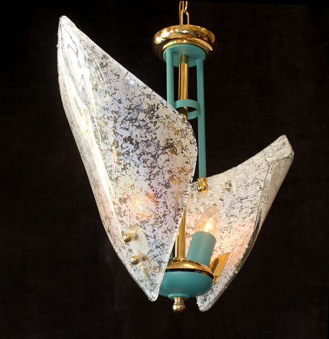 18 1/2" x 17" Murano Italy, Venetian Iridescent Artisans Glass, 2 Light Vintage Chandelier, Turquoise & Gold Frame