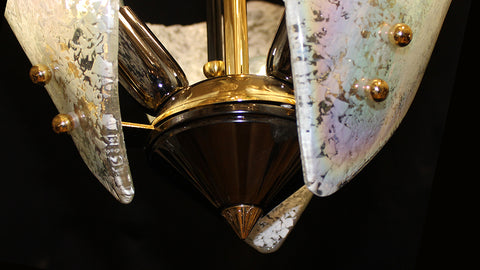 17" x 23" Murano Italy Venetian Iridescent Artisans Glass, 3 Light Vintage Chandelier Gun Metal & 24 kt. Gold Plated Frame