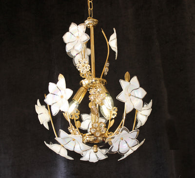 3 Light Chandelier, Vintage Italy, 18" x 23" White Murano Iridescent Glass Flowers, Gold Frame