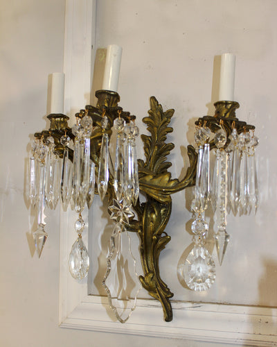 SET Of 2 - Vintage 3 Light BRASS & CRYSTAL Sconces, 15" x 19" Louis XV Rococo Revival Style with Foliate Motifs