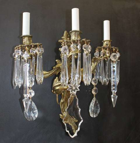 SET Of 2 - Vintage 3 Light BRASS & CRYSTAL Sconces, 15" x 19" Louis XV Rococo Revival Style with Foliate Motifs