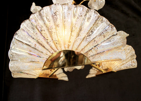 Vintage, Italy 21" x 17" Murano Iridescent, 3 light, Fan Shaped Art Glass, Floral Chandelier