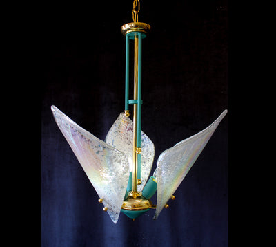 17" x 23" Murano Italy, Venetian Iridescent Artisans Glass, 2 Light Vintage Chandelier, Turquoise & Gold Frame