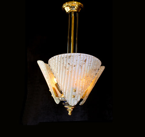 Vintage 3 Light Murano Glass Chandelier 13" x 22" Venetian Iridescent Artisans Ribbed Glass & Gunmetal & Gold Frame