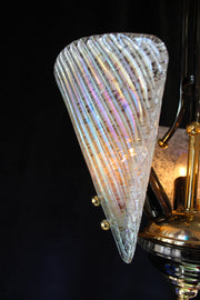 Vintage 3 Light Murano Glass Chandelier 13" x 22" Venetian Iridescent Artisans Ribbed Glass & Gunmetal & Gold Frame