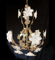 Vintage Italy 5 Light 20" x 24" Murano Floral Glass & Crystal Chandelier 24Kt Gold Frame