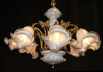 Vintage, Italy, 8 Light 29" x 22" Murano Glass, Crystal Butterfly Chandelier, Blown Glass Shades, Gold Frame