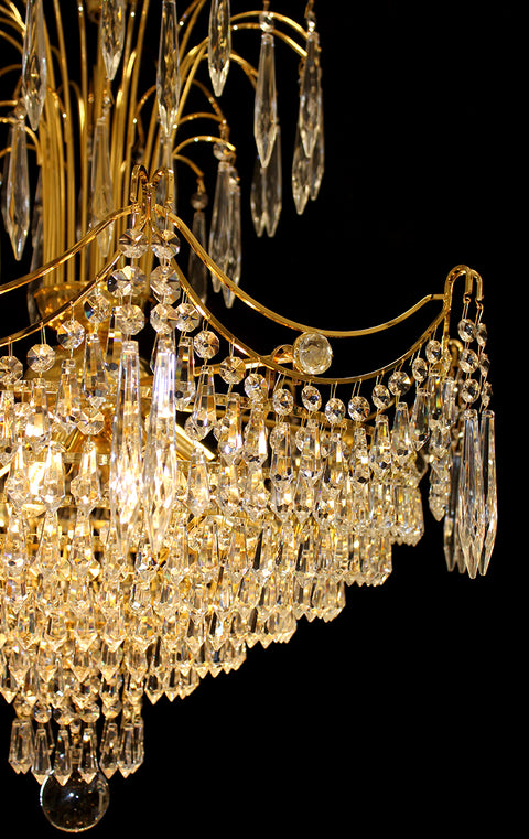 8 Light  25" x 27" Vintage Italy Brass &  CRYSTAL Shower Chandelier 7 Tiers 24Kt Gold