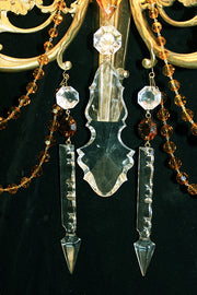 BIG! 20" x 29" Vintage Spain Brass & Amber Crystal SCONCE 2 Light ARROW Feather Design Silk Beaded Shades Oversized Lighting