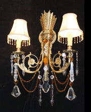 BIG! 20" x 29" Vintage Spain Brass & Amber Crystal SCONCE 2 Light ARROW Feather Design Silk Beaded Shades Oversized Lighting