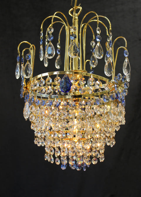 Vintage Italy 11 "x 15" Blue Crystal Flower Italian Brass Tiered Shower Chandelier, 1 Light, Gold Frame