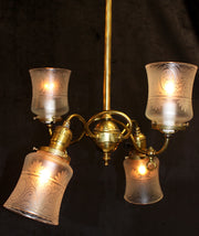 Vintage 30's Art Deco Chandelier 4 lights Twisted Brass, Etched Frosted Glass Shades Unique Design