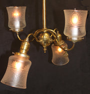 Vintage 30's Art Deco Chandelier 4 lights Twisted Brass, Etched Frosted Glass Shades Unique Design