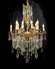 Vintage, 24" X 33" Crystal & Bronze, 12 Light Chandelier, Green Crystal Accents, Gold Plated Frame,  Custom Design, The Ozone Collection