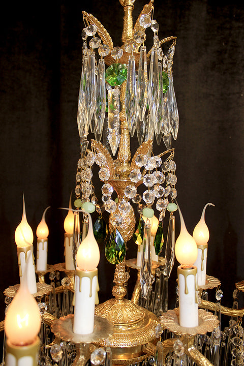 Vintage, 24" X 33" Crystal & Bronze, 12 Light Chandelier, Green Crystal Accents, Gold Plated Frame,  Custom Design, The Ozone Collection