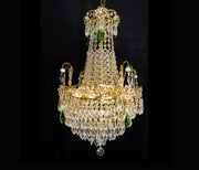 Vintage Italy 16"x 22" Clear &amp; Green Crystal Chandelier 3 Lights, 24kt Gold Frame