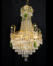 Vintage Italy 16"x 22" Clear &amp; Green Crystal Chandelier 3 Lights, 24kt Gold Frame