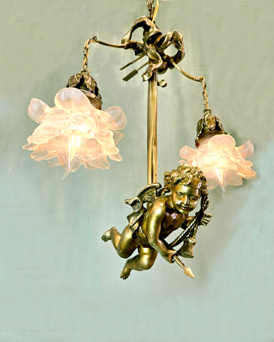16" x 20" Fine Antique French Brass Hanging Cherub Cupid 2 Light Chandelier Frosted Tulip Shades