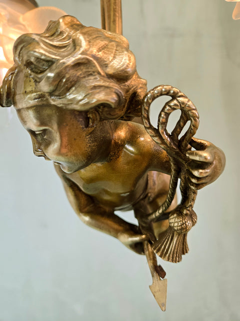 16" x 20" Fine Antique French Brass Hanging Cherub Cupid 2 Light Chandelier Frosted Tulip Shades