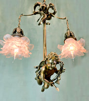 16" x 20" Fine Antique French Brass Hanging Cherub Cupid 2 Light Chandelier Frosted Tulip Shades
