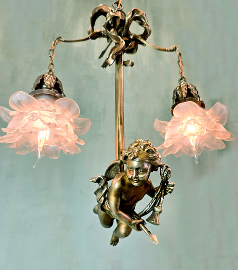 16" x 20" Fine Antique French Brass Hanging Cherub Cupid 2 Light Chandelier Frosted Tulip Shades