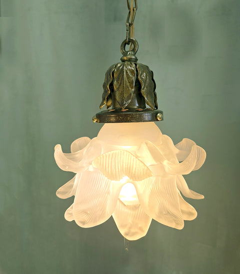 16" x 20" Fine Antique French Brass Hanging Cherub Cupid 2 Light Chandelier Frosted Tulip Shades