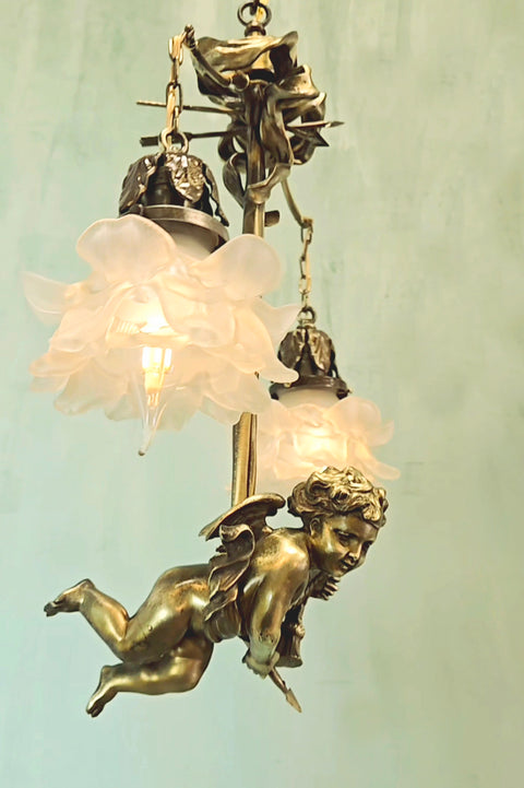 16" x 20" Fine Antique French Brass Hanging Cherub Cupid 2 Light Chandelier Frosted Tulip Shades