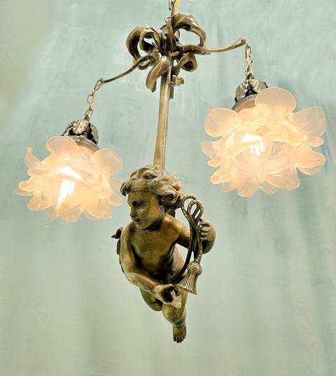 16" x 20" Fine Antique French Brass Hanging Cherub Cupid 2 Light Chandelier Frosted Tulip Shades