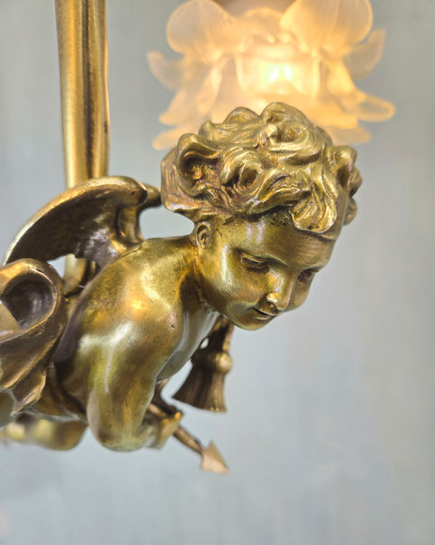 16" x 20" Fine Antique French Brass Hanging Cherub Cupid 2 Light Chandelier Frosted Tulip Shades