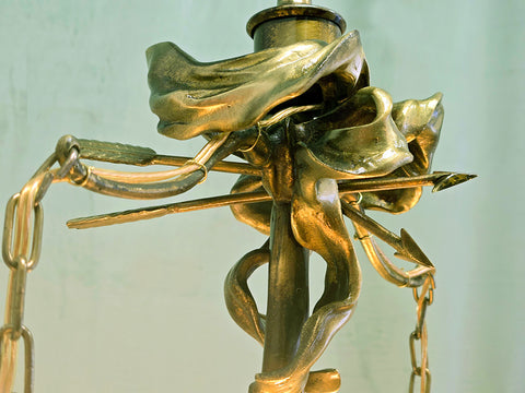 16" x 20" Fine Antique French Brass Hanging Cherub Cupid 2 Light Chandelier Frosted Tulip Shades