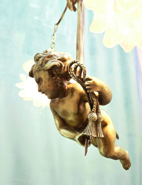 16" x 20" Fine Antique French Brass Hanging Cherub Cupid 2 Light Chandelier Frosted Tulip Shades