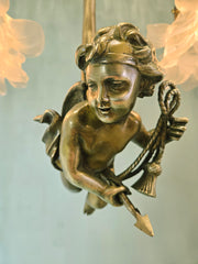 16" x 20" Fine Antique French Brass Hanging Cherub Cupid 2 Light Chandelier Frosted Tulip Shades