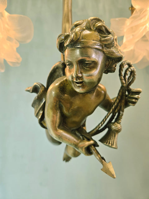 16" x 20" Fine Antique French Brass Hanging Cherub Cupid 2 Light Chandelier Frosted Tulip Shades