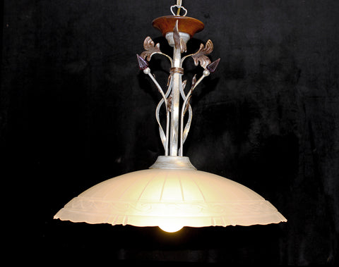 Vintage 70's Italy GIBAS" Vienna" Pendant Chandelier Frosted Etched Shade Purple Crystal Flowers, & Silver Floral frame
