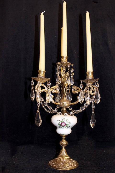 Vintage Italy Crystal, Porcelain &amp; Brass 4 Light 17" Cherub Candelabra Candle Centerpiece Lamp- 2 Available