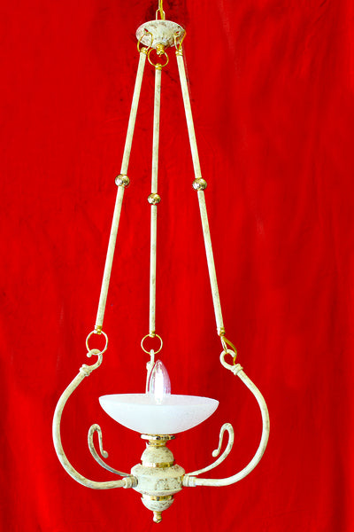 Vintage, Italy, 12" x 30" Pendant, 1 Light Chandelier, Frosted Glass Shade, Ivory White & Gold Rod Frame