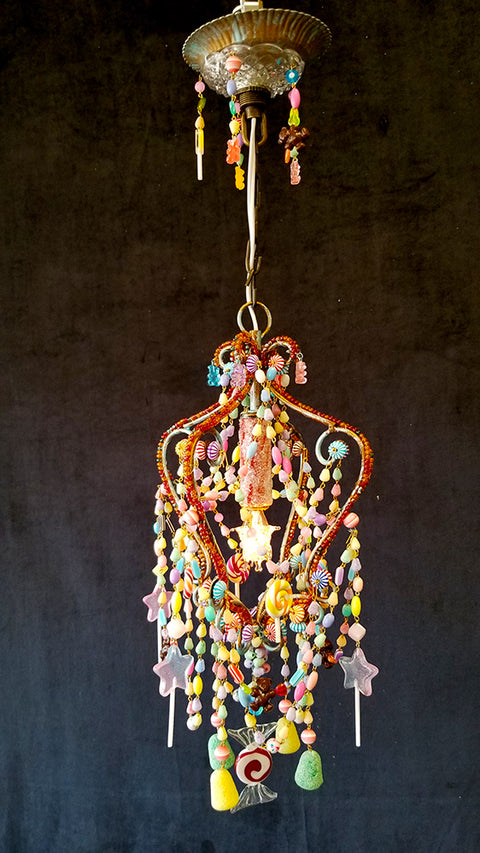9" x 16" MINI "Candy Fantasy" ARTWORK Chandelier, 1 light, Gumdrops Beaded Frame, Murano Glass & Faux Candy, Exclusive Original