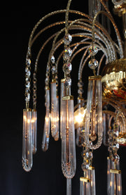 Midcentury Italian Murano, 18" x 24" Waterfall 24kt Plated Chandelier, Murano clear Glass with Inner Pink Glass Leaves, 4 Lights, Rare!