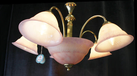 16" x 26" Vintage ITALY, Pastel Pink Glass, Downlight 7 Light Chandelier, By Ulma Illuminazione Srl  Gold Frame
