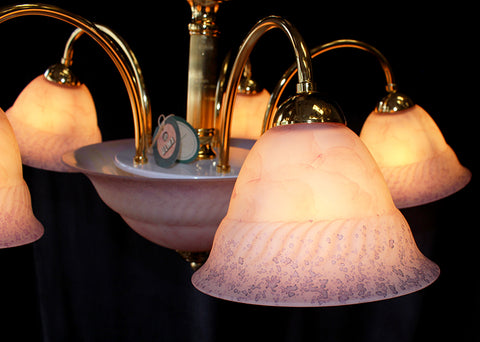 16" x 26" Vintage 70's Pink & Lavender Purple Italian Glass Shade Chandelier, 7 Lights, Ulma Illuminazione Srl Italian Lighting
