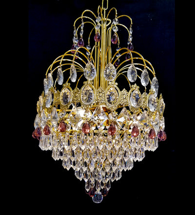 Vintage Italy 12" x 19" Crystal &amp; Purple & Bead Chandelier 3 Lights, 24Kt. Gold Frame