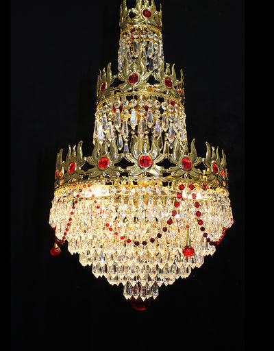 Vintage Italy 14" x 25" Red Crystal "Ring of Fire" 3 Light Chandelier 24Kt Gold Frame
