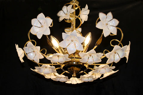 Vintage Italy, 20" x 24" Golden Swirl, White Murano Iridescent Glass Flower 5 Light Chandelier, 24kt Gold Frame
